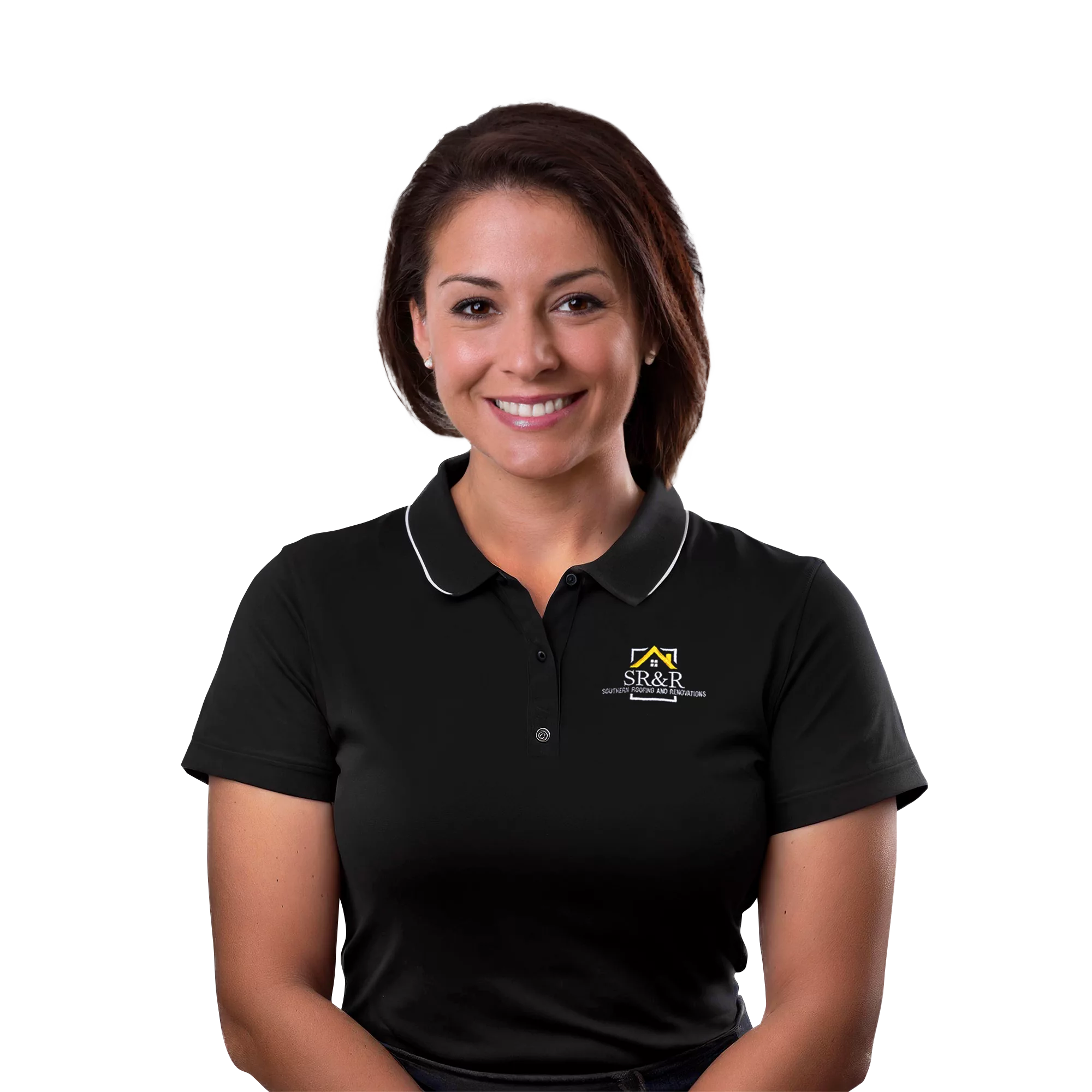 Smiling woman in branded black polo shirt.