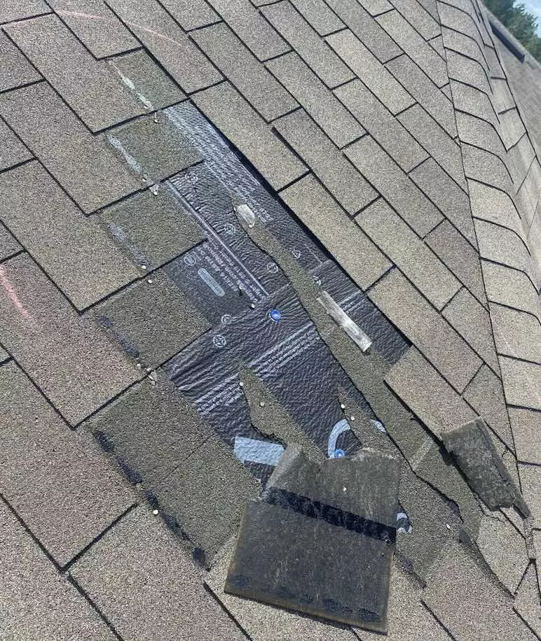 Damaged roof shingles needing repair.